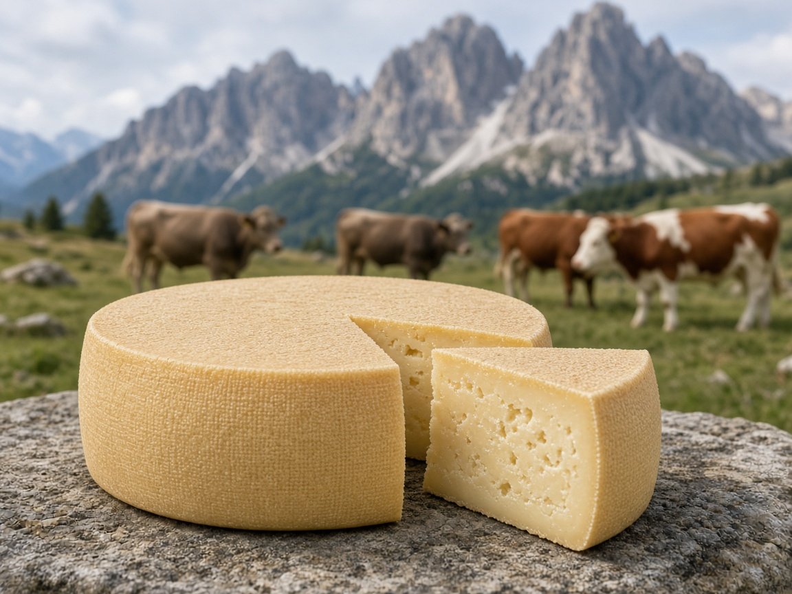 Illustrazione: forma di agordino di malga con crosta liscia e uno spicchio di pasta paglierina con piccoli occhi, sullo sfondo pascoli dolomitici