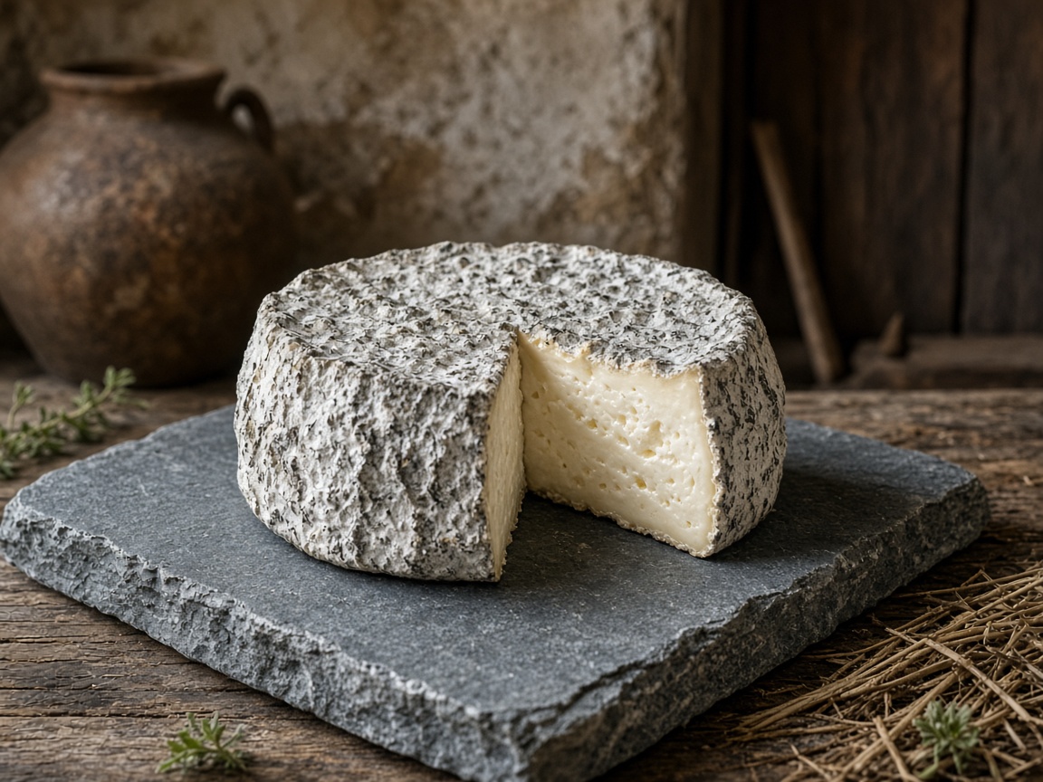 Illustrazione: pecorino buccia di rospo con la crosta fiorita grigia, tagliato, su una lastra di pietra
