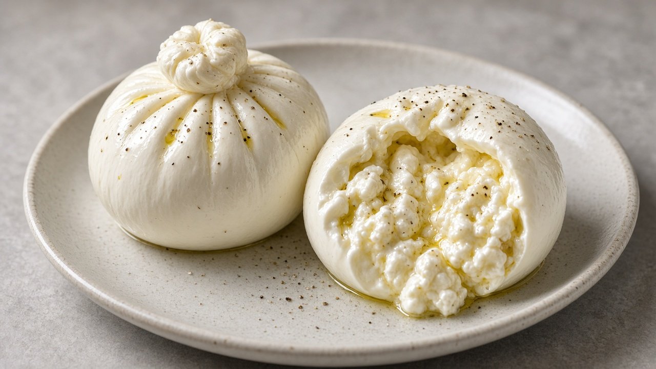 Illustrazione: burrata intera chiusa all’apice e una burrata aperta con la stracciatella