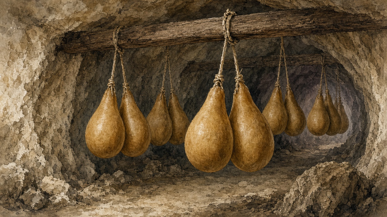 Illustrazione di caciocavalli appesi in una grotta di tufo