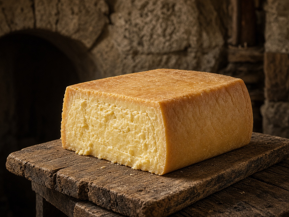 Illustrazione: caciocavallo palermitano a parallelepipedo con crosta ambrata, una forma tagliata, su un tavoliere di legno in una cantina di pietra