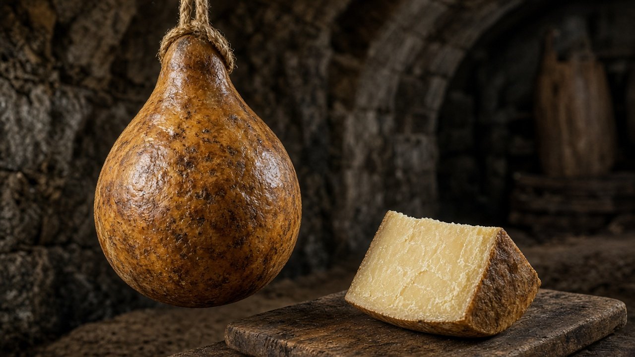 Illustrazione: caciocavallo podolico stagionato appeso con la corda e uno spicchio su un tagliere