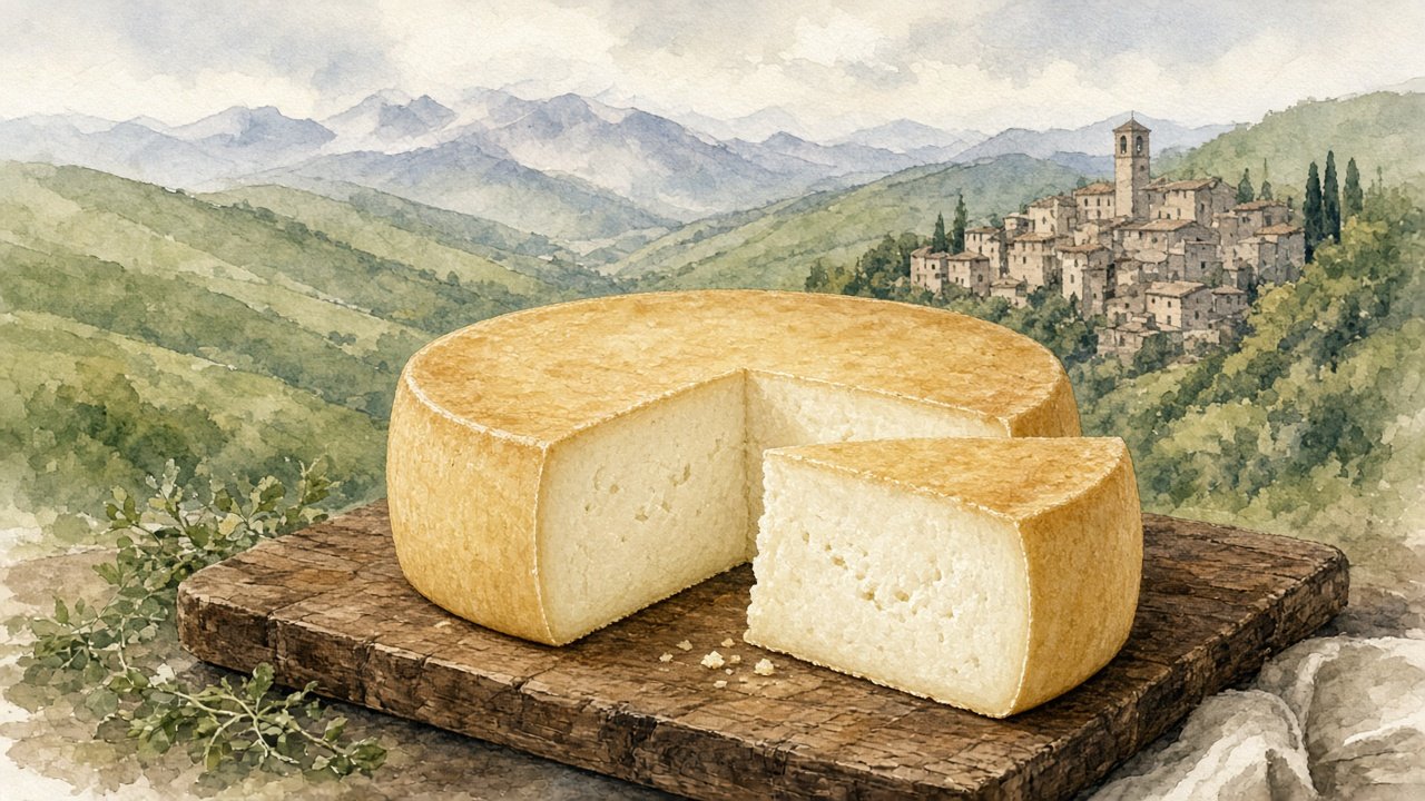 Illustrazione: forma di Caciottone di Norcia con crosta lavata paglierina e uno spicchio di pasta morbida