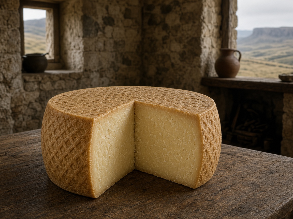 Illustrazione: forma di Canestrato di Castel del Monte con la trama del canestro sulla crosta, tagliata, in una casa di pietra di montagna