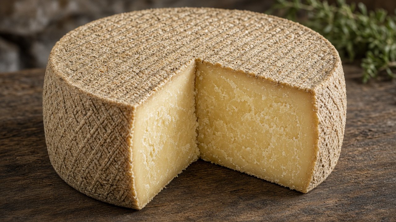 Illustrazione: forma di formaggio pecorino con la crosta rugosa segnata dal canestro