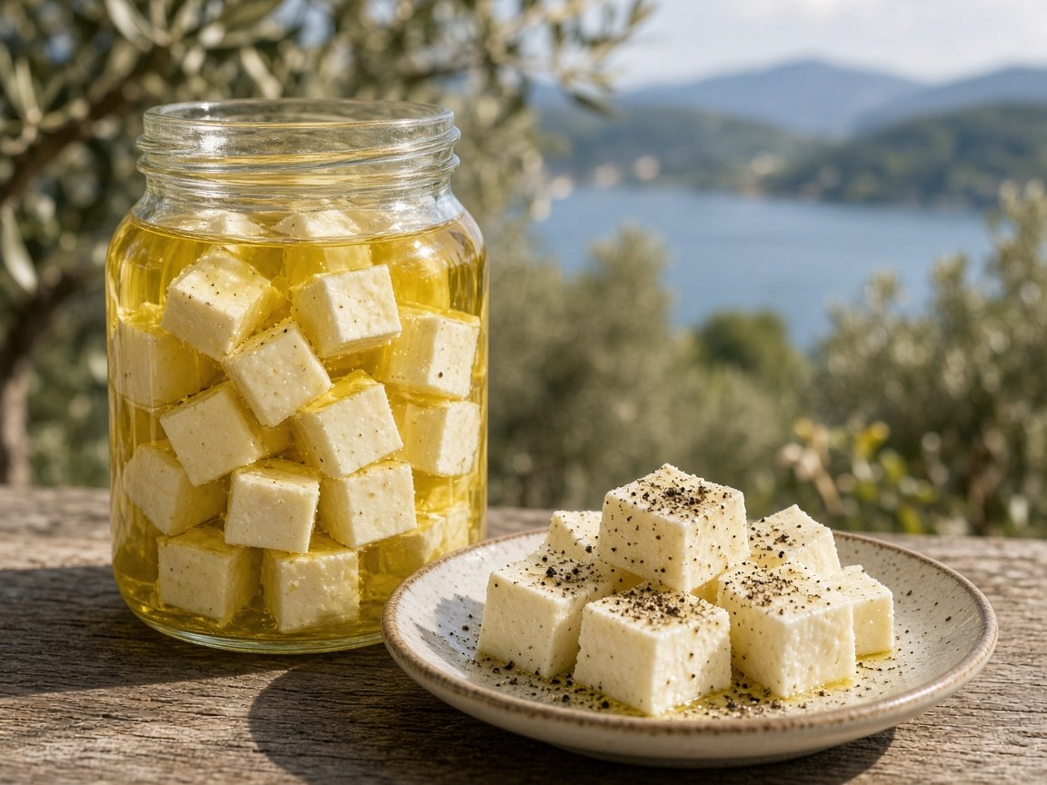 Illustrazione: vaso di vetro con cubetti di formaggio immersi in olio extravergine dorato