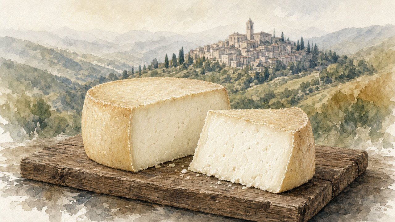 Illustrazione: piccola forma di Casciotta d’Urbino a facce arrotondate con uno spicchio di pasta bianco-paglierina