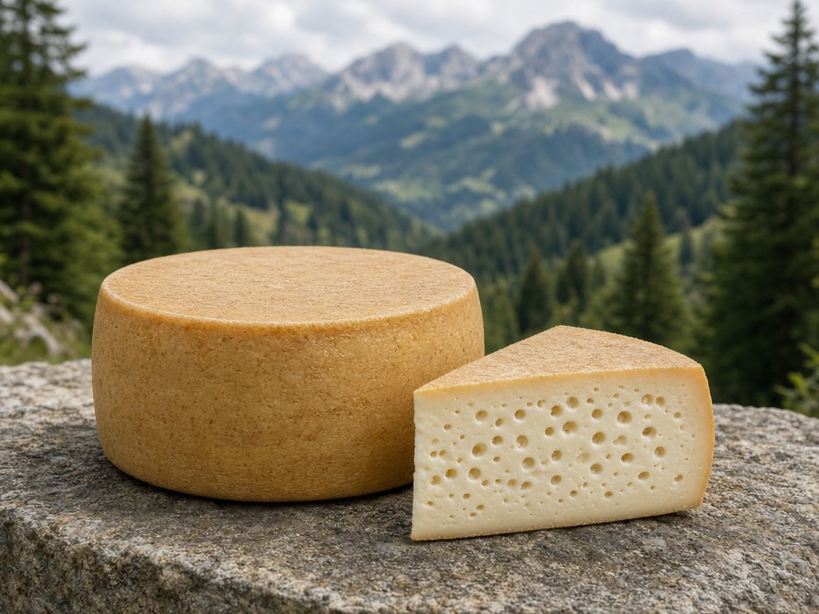Illustrazione: forma di formaggio Comelico con crosta paglierina e uno spicchio di pasta bianca con occhiatura regolare