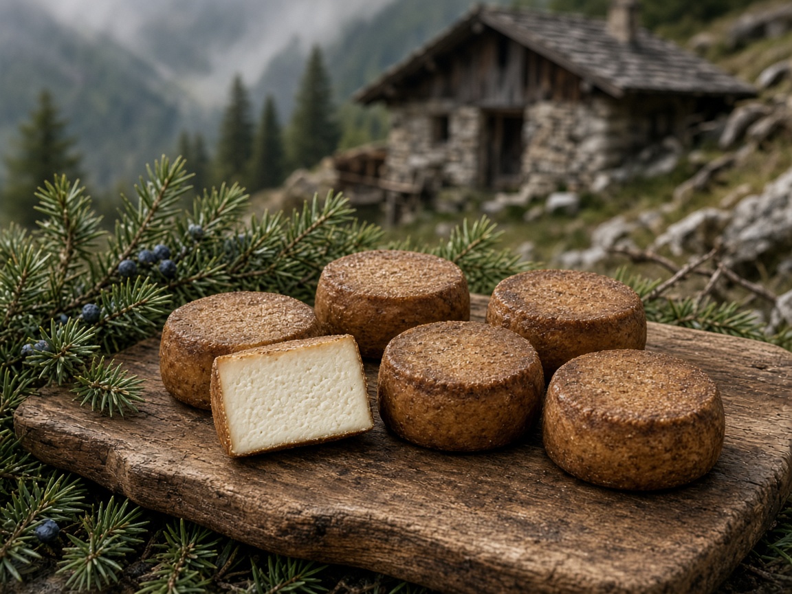 Illustrazione: piccole forme di Fatulì affumicato su un’asse di legno fra rametti di ginepro, con una baita di pietra sullo sfondo