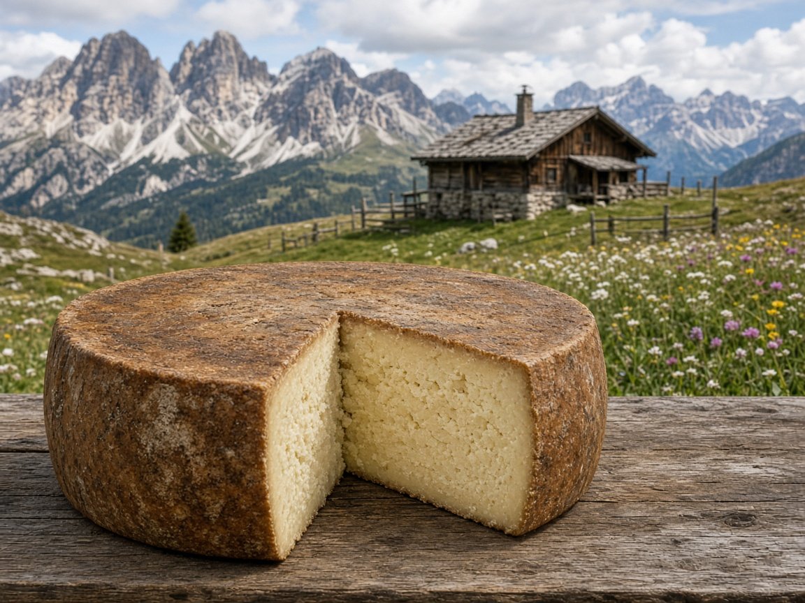 Illustrazione: forma stagionata di Fodom di malga con pasta compatta, sullo sfondo una malga in quota nelle Dolomiti