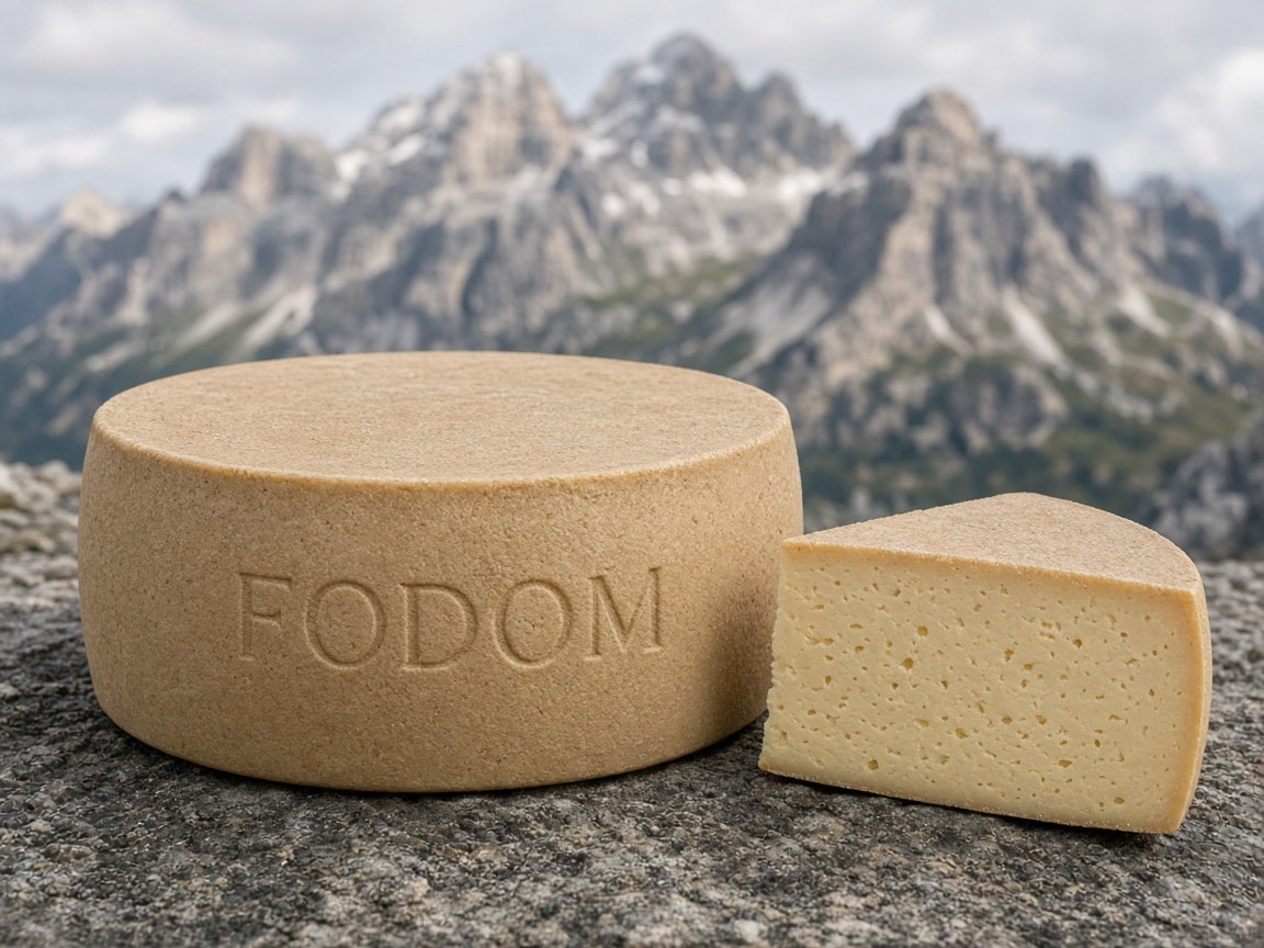 Illustrazione: forma di formaggio Fodom con crosta nocciola chiaro e uno spicchio di pasta paglierina con occhi piccoli
