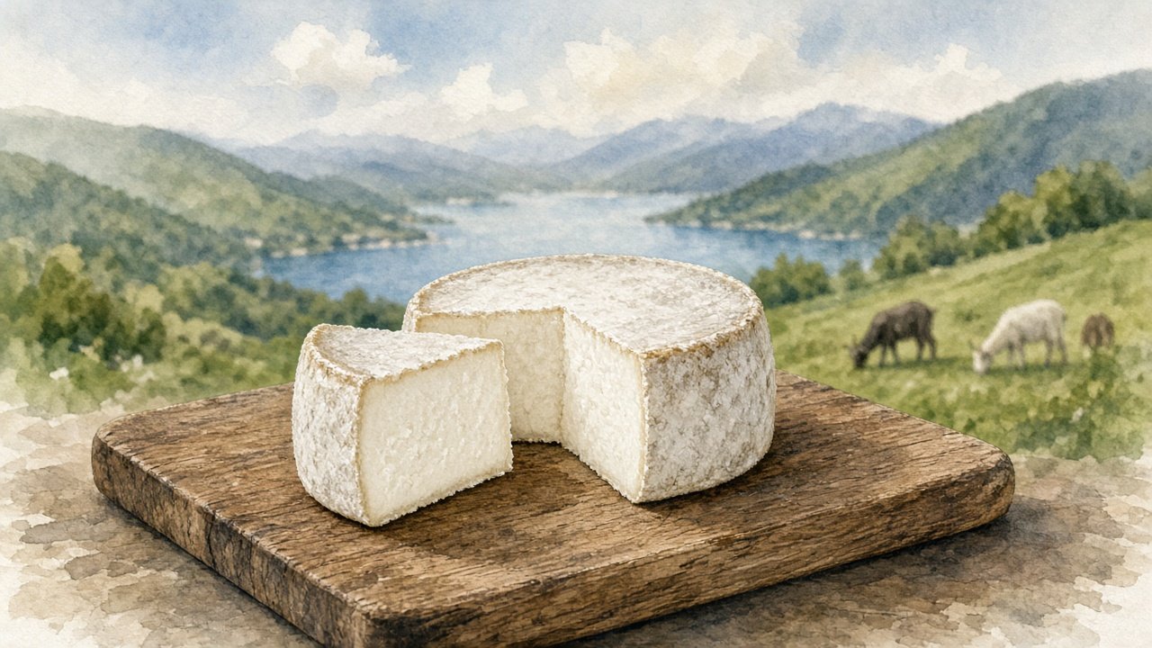 Illustrazione: piccola formaggella di capra con crosta naturale e pasta bianca compatta