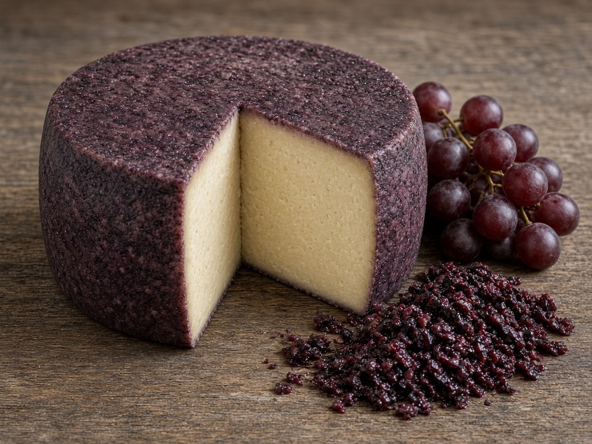 Illustrazione: forma di formaggio inbriago con crosta viola di vinacce e uno spicchio di pasta paglierina