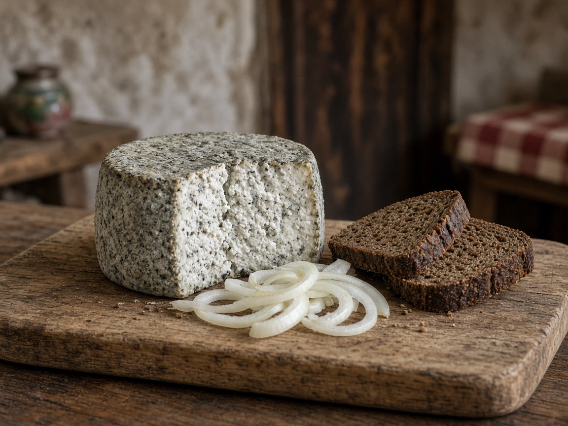 Illustrazione: pezzo di Graukäse della Valle Aurina dalla pasta grigia su un tagliere, con cipolla affettata e pane di segale