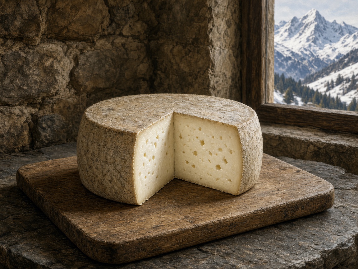 Illustrazione: forma di Macagn tagliata su un tagliere in una baita d’alpeggio, con le montagne innevate sullo sfondo