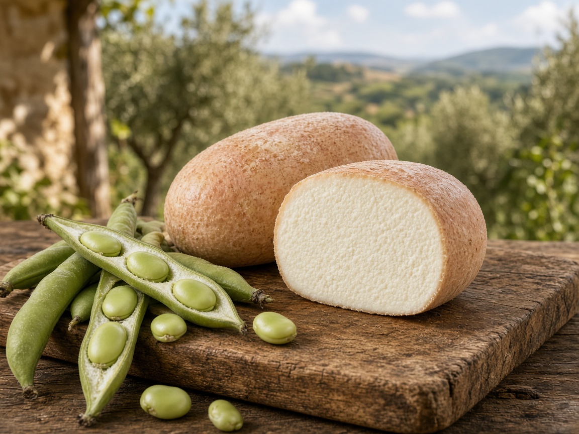 Illustrazione: due marzolini, uno tagliato, su un tagliere con baccelli di fave e la campagna toscana sullo sfondo
