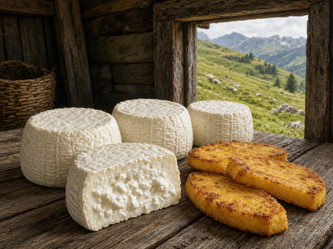 Illustrazione: forme di Morlacco di malga segnate dalle ceste, una tagliata, con polenta abbrustolita e pascoli del Grappa