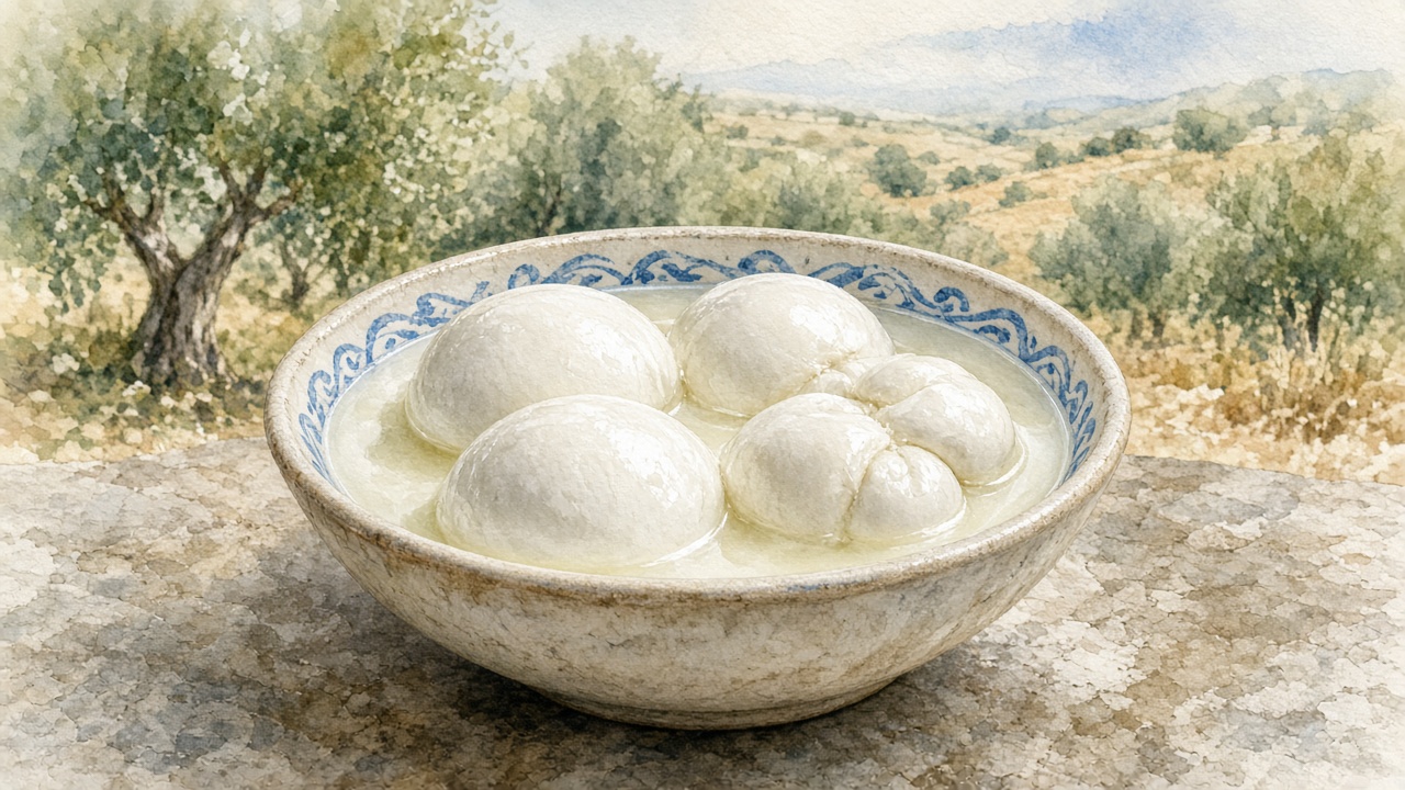 Illustrazione di mozzarelle a sfera, nodo e treccia