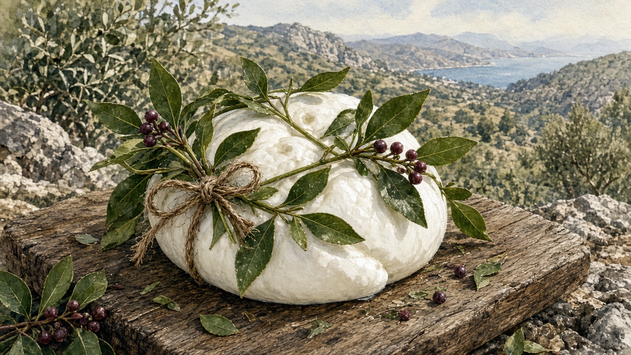 Illustrazione di mozzarelle avvolte nel mirto e legate con la ginestra