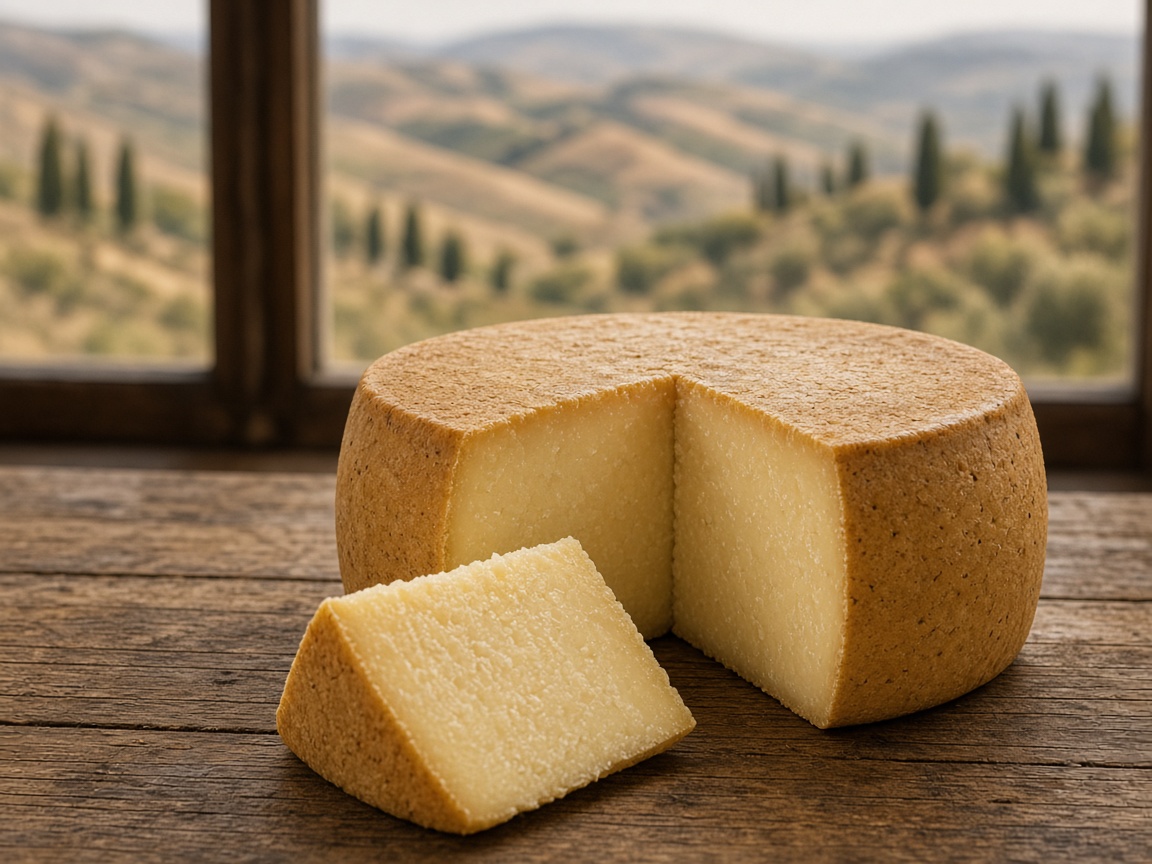 Illustrazione: forma di pecorino senese a latte crudo tagliata, con le colline senesi sullo sfondo
