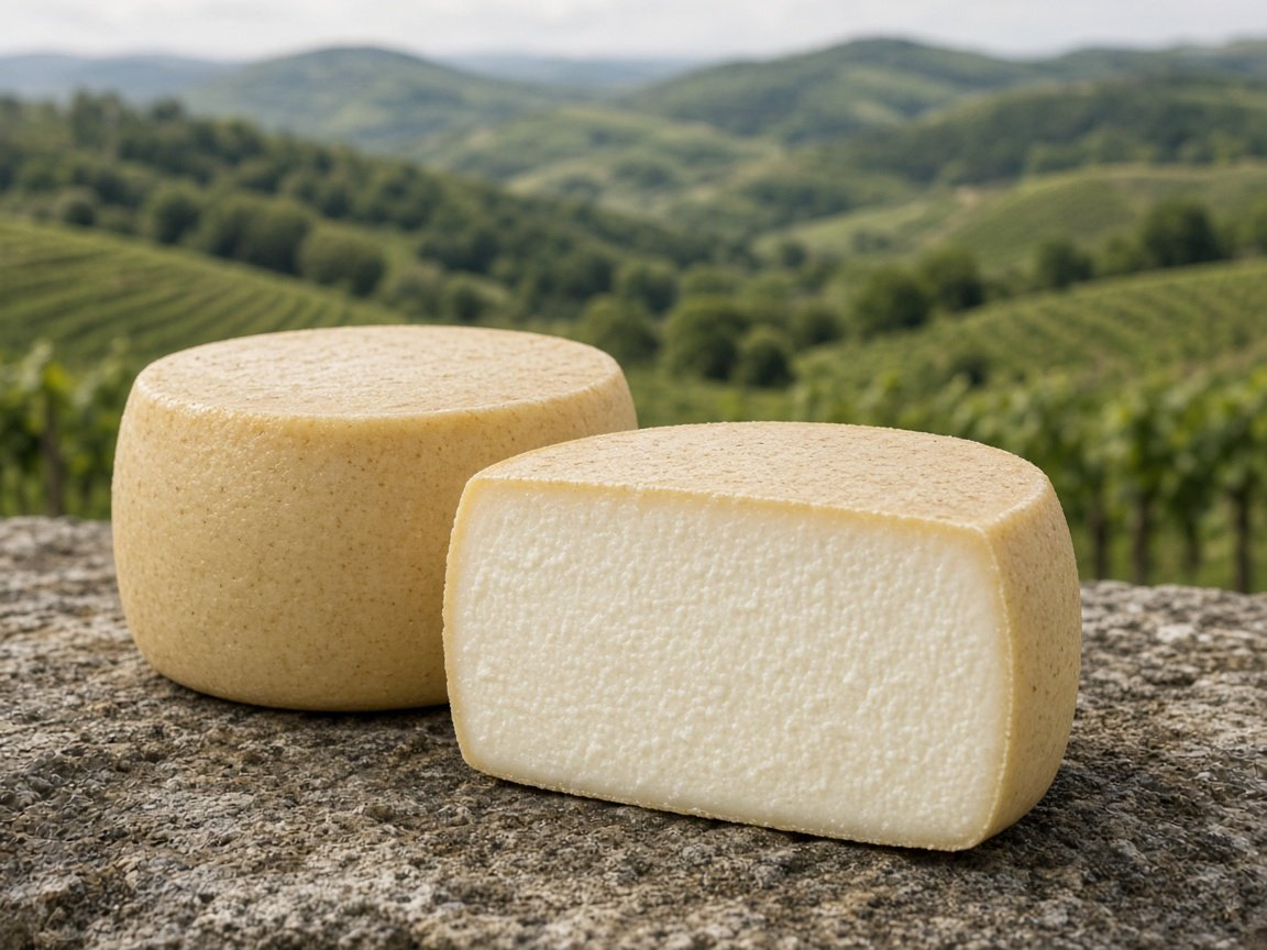 Illustrazione: piccole forme di pecorino dei Berici con crosta paglierina e uno spicchio di pasta bianca senza occhi