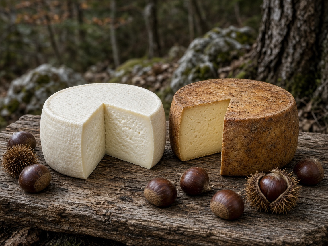 Illustrazione: pecorino del Casentino fresco e stagionato su un’asse di legno con castagne nel bosco