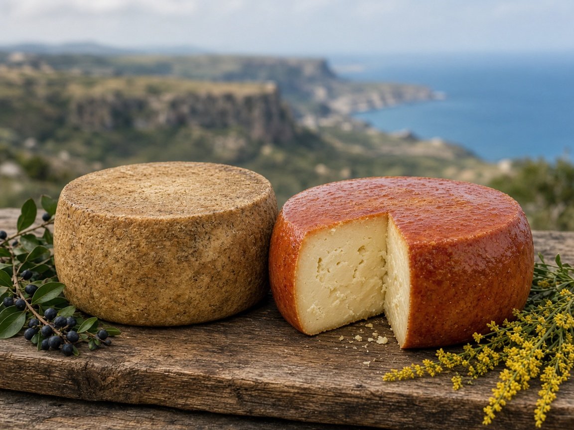 Illustrazione: forme di Pecorino del Monte Poro, una con crosta nocciola e una con crosta rossiccia all’olio e peperoncino, con uno spicchio tagliato