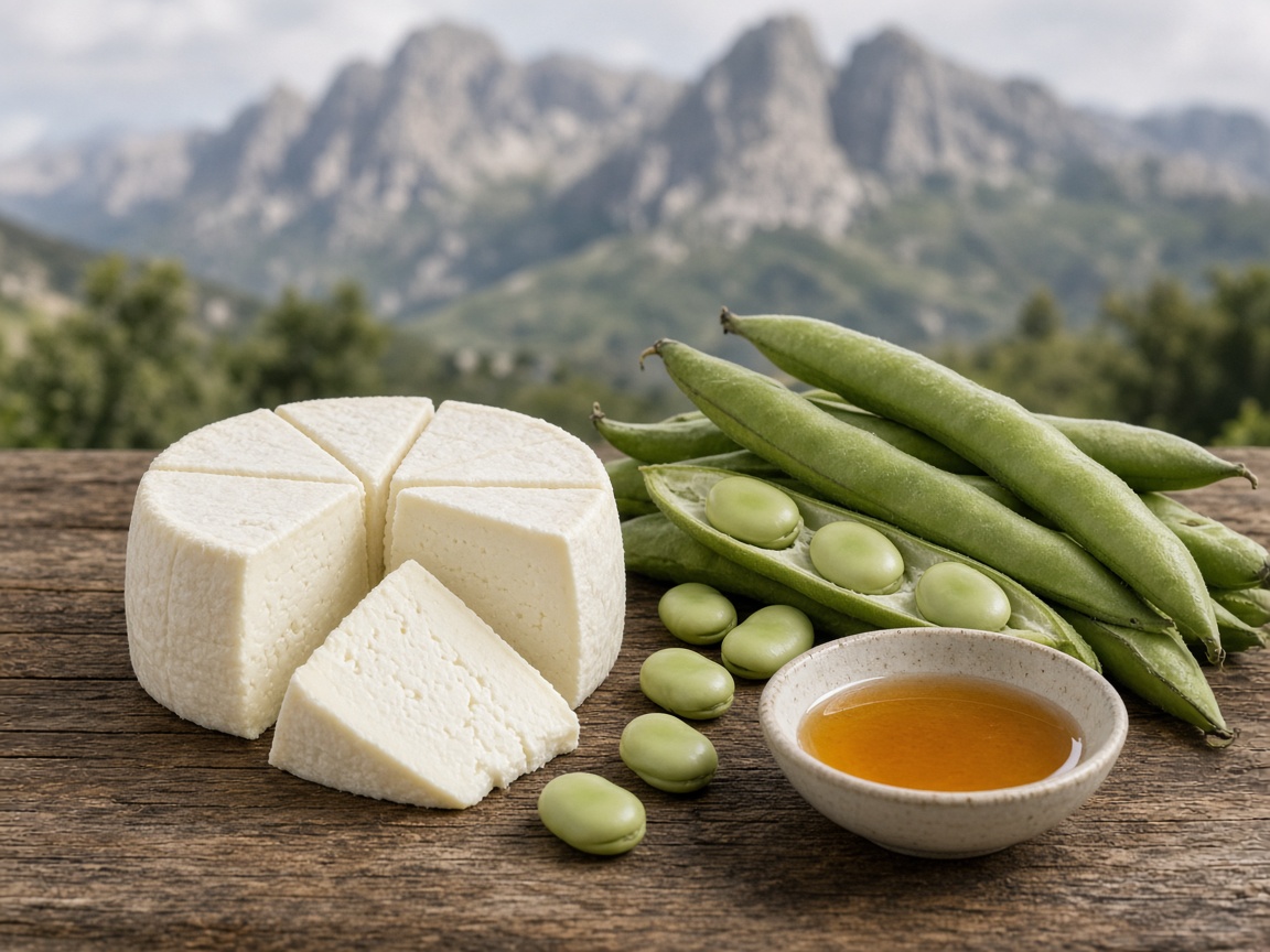 Illustrazione: pecorino fresco della Garfagnana a spicchi con fave fresche e miele, montagne sullo sfondo