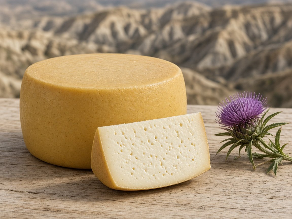 Illustrazione: forma di Pecorino delle Balze Volterrane con crosta paglierina, uno spicchio di pasta compatta e un fiore di cardo selvatico
