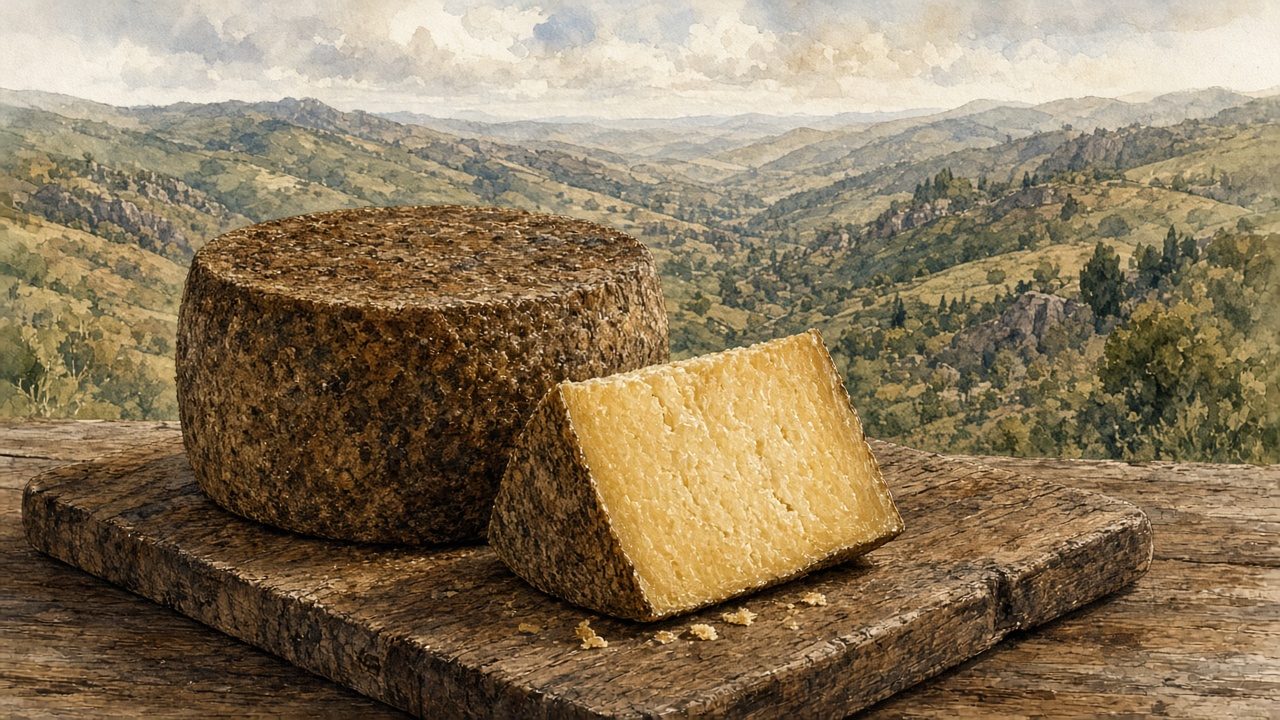 Illustrazione di forme di pecorino di Carmasciano su un pascolo irpino