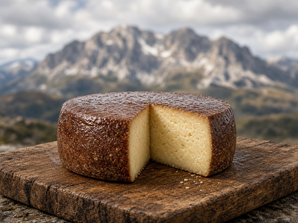 Illustrazione: forma di Pecorino di Farindola con crosta scura, tagliata, su un’asse di legno con le montagne del Gran Sasso sullo sfondo