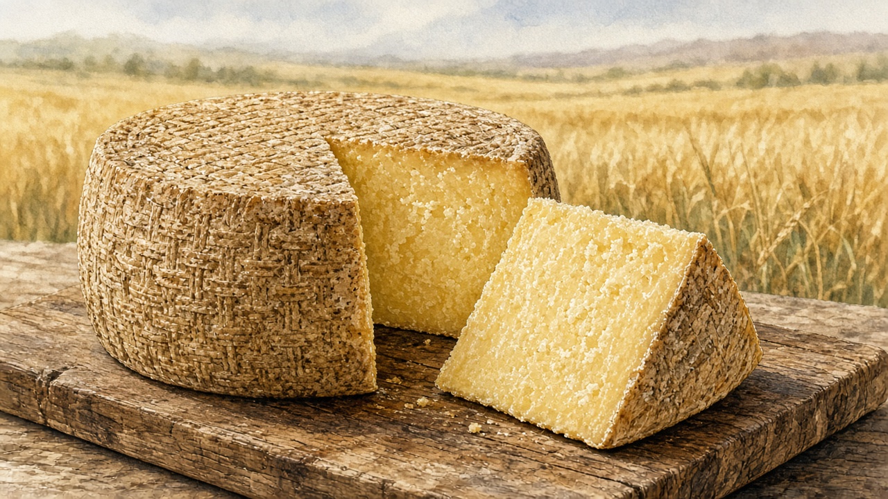 Illustrazione di forme di pecorino foggiano su assi di legno