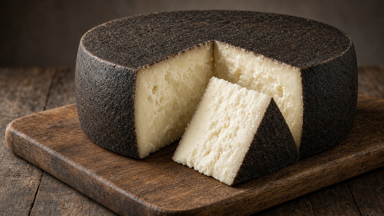 Illustrazione: forma di pecorino a pasta dura con crosta scura e uno spicchio tagliato