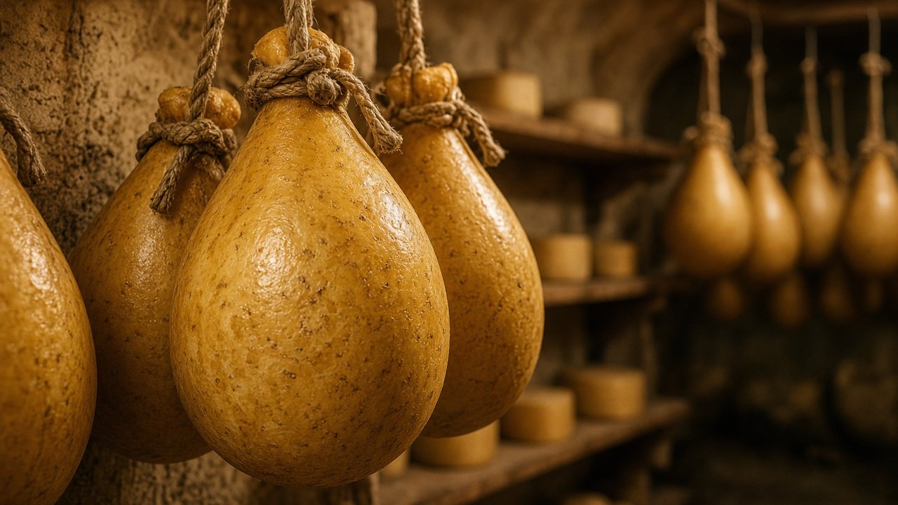 Illustrazione: provolone a pasta filata appeso con le corde
