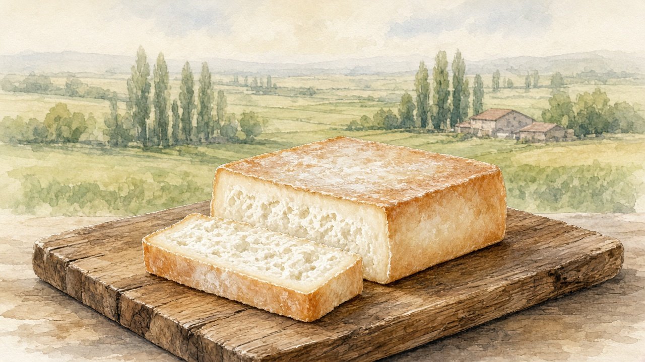 Illustrazione: forma quadrata di Salva Cremasco a crosta lavata con una fetta di pasta bianca compatta