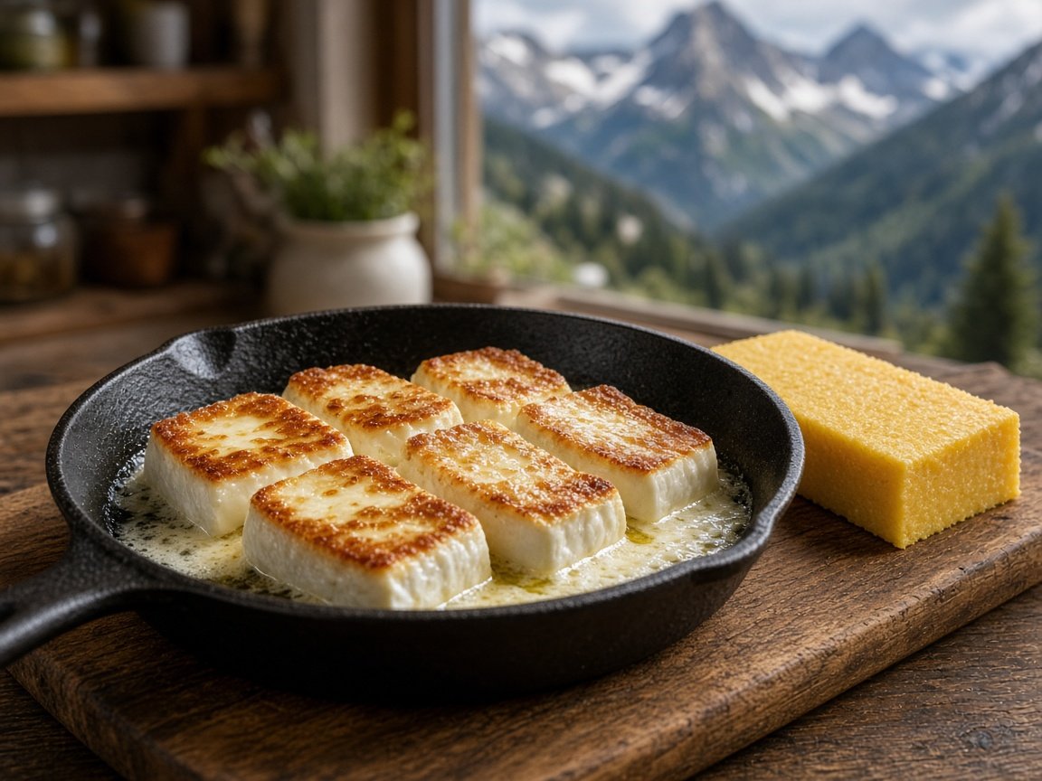 Illustrazione: fette di schiz bianco dorate in padella con burro e panna, accanto a una fetta di polenta