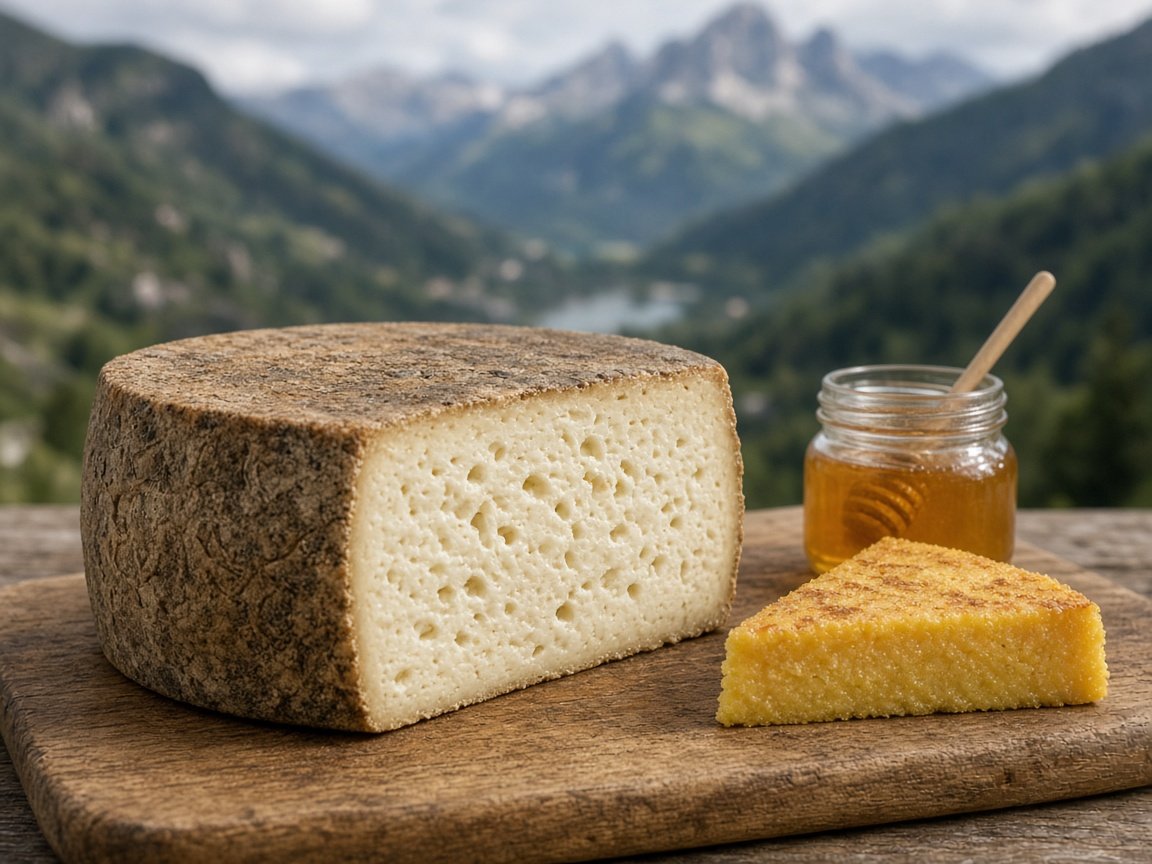 Illustrazione: forma larga e bassa di Spressa delle Giudicarie con crosta grigio-bruna e una fetta di pasta bianca con piccoli occhi