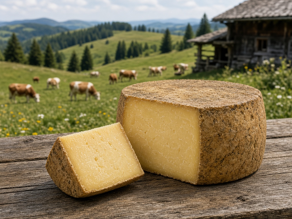 Illustrazione: forma e spicchio di Vezzena di malga su un tavolo di legno, con le vacche al pascolo e la malga sullo sfondo